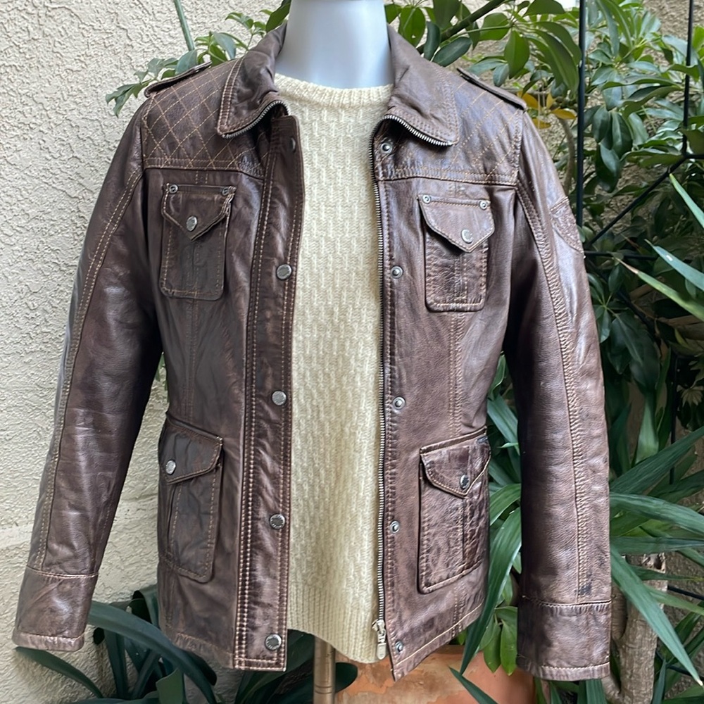 Vintage dark brown Gipsy distressed leather jacket with pockets